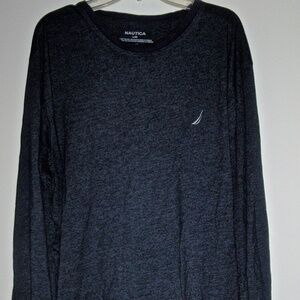 NAUTICA MEN'S LONG SLEEVED DARK BLUE HEATHERED COTTON BLEND PULLOVER SHIRT L